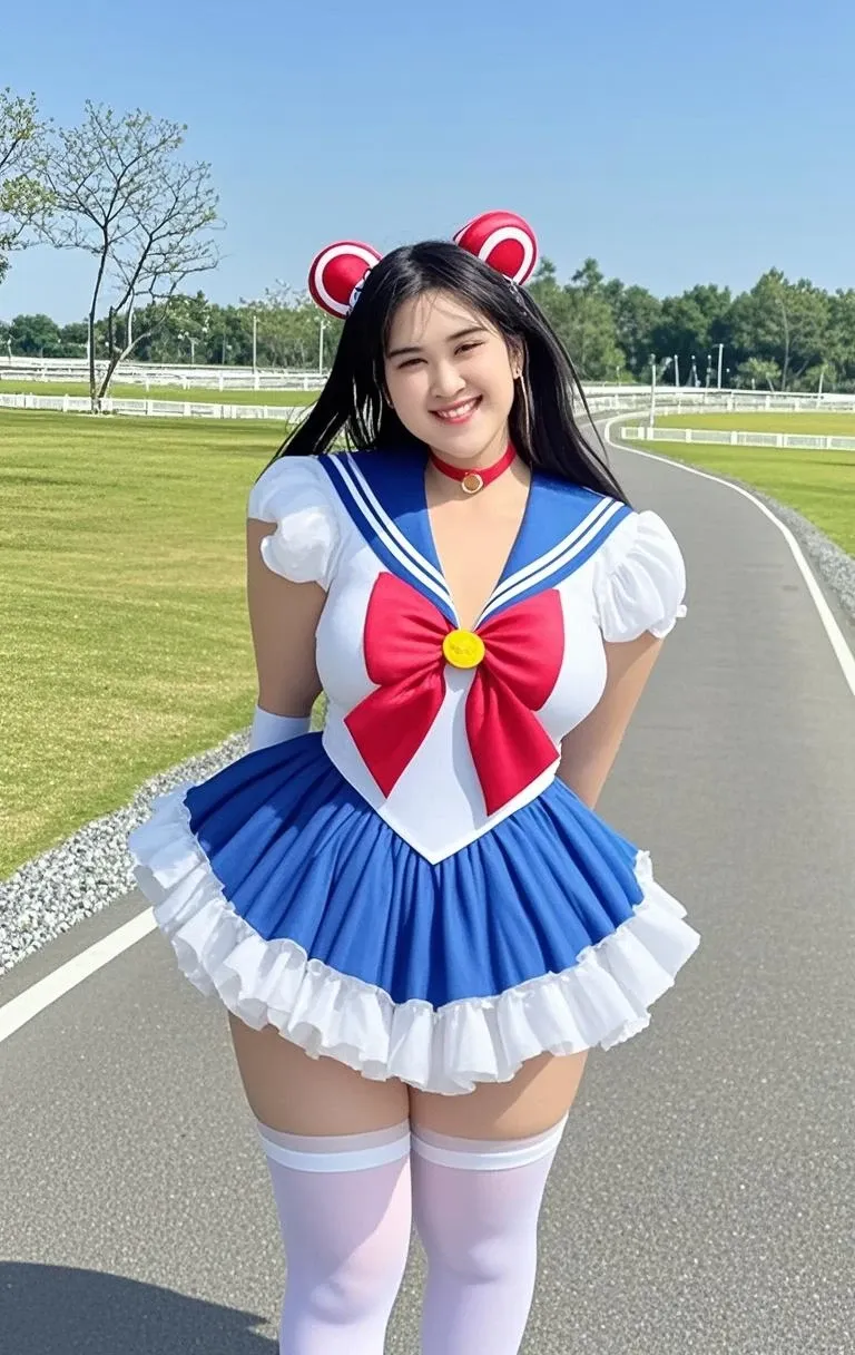 masterpiece,Highest quality,height,Same 1,Crown,Sailor Warrior Costumes,White gloves,Red Sailor Collar,Red Skirt,Star Choker,Elbow hand pockets,Pleated skirt,barefoot,Purple ribbon,smile,,Uptrend,pants,Accentuate your breasts, \(nsf wolf\),Overweight, ((Extremely fat)), ((Chubby)), Japanese, ((twinkle smile))