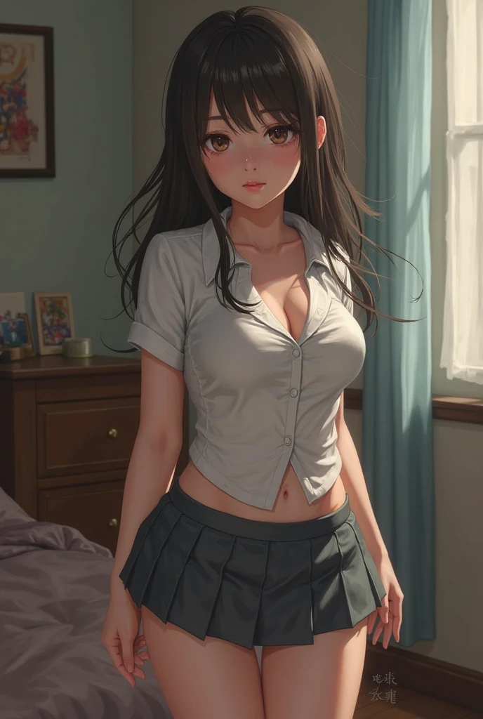 mini skirt,Crouched View，((Small Bust)),Nipples,Expose the inside of your legs，Spread your legs,White panties,Luxurious Room