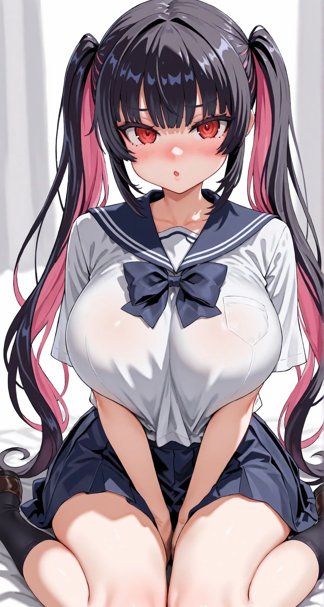 masterpiece, super fine illustration, best quality, light particles, ultra-detailed, 8K wallpaper, (bright colors:1.2), (a little girl), big breasts, (black long hair), disheveled hair, curly hair shiny hair, shiny skin, delicate linestailed face, (white nurse hat, red cross, white nurse clothes, open clothes, bottomless, white legwear), (beautiful blue eyes), orgasm face, O-face, blush cheeks, arched back, (a man), (man behind woman), (intense Sex:1.7), (doggy style sex), standing doggy, hetero, (man hold woman's waist), (cum out:1.2), nsfw, bedroom, pink bed, pink curtain, pink pillows, shadow,