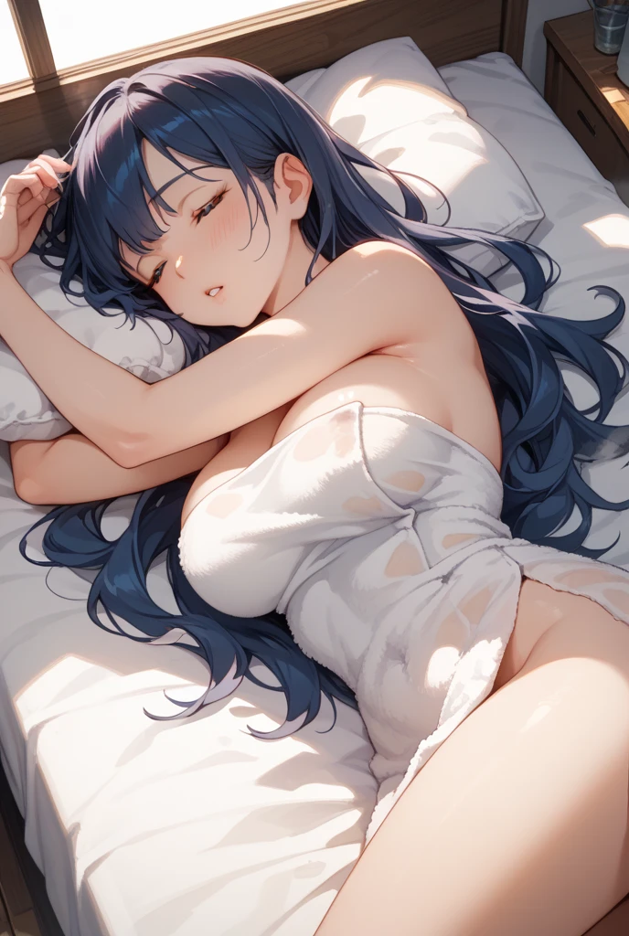 (masterpiece, best quality)a girl,Slobber,Water all over the body((spread legs))),Open your mouth and stick out your tongue,,blush,((Completely pure white bikini)),Sweated a lot,Bikini half-covered,small breasts,Lying on a pure white bed,detail,(Completely soaked,completely wet),Awkward,surprise,Extreme shyness,doubt