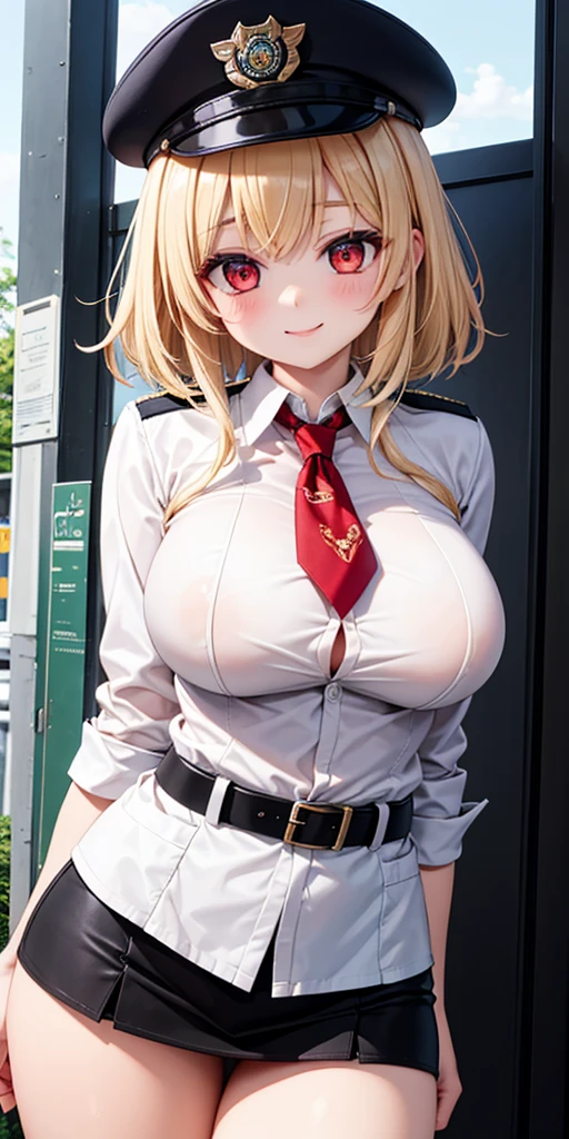 (((Skin exposed from disheveled uniform)))、((((make sexual advances))))、Nipples protruding from the bra、panties on、((((feel shy))))、((a blond))、beautiful Girl、Large beautiful breasts、cleavage of the breast、A slender、オマンコ、((((((Seduction while being shy))))))、((Inside the bustling city))、((smil))