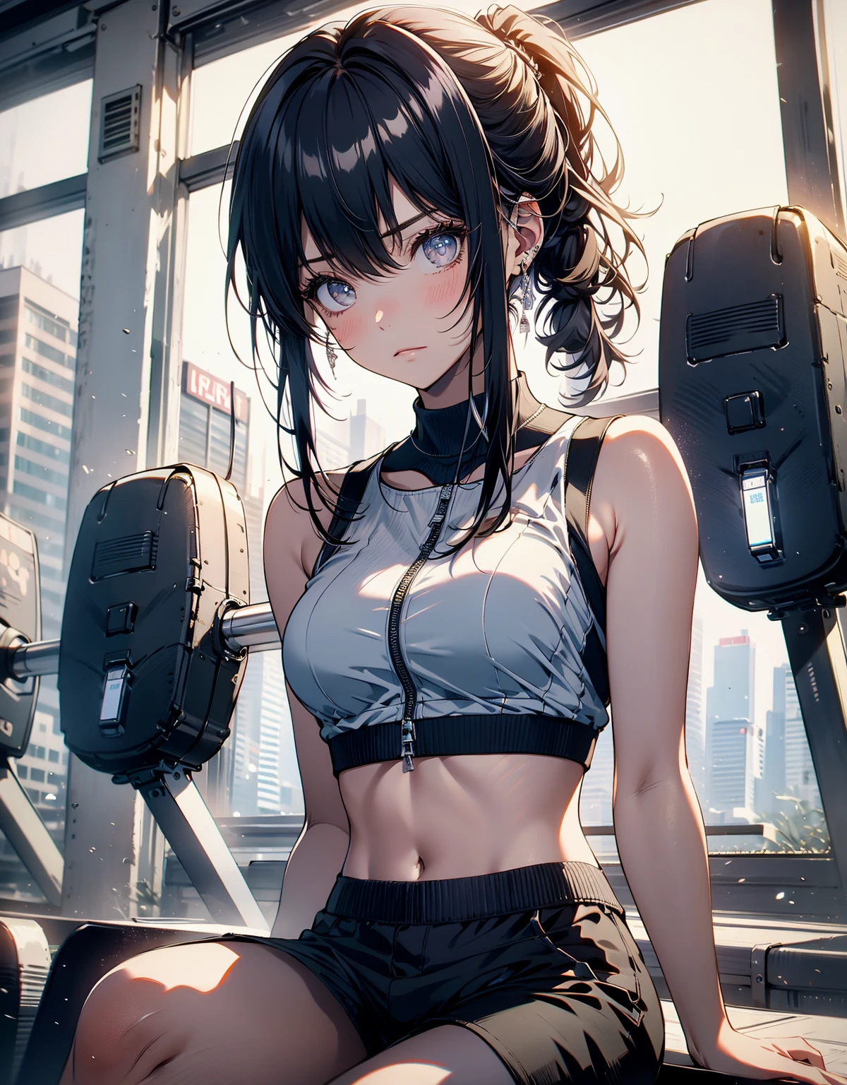 solo, 1girl, specter, sweating, smile, holding water bottle, sports bra, shorts, dusk, sunset, cityscape scenery, skyscrapers, cowboy shot
