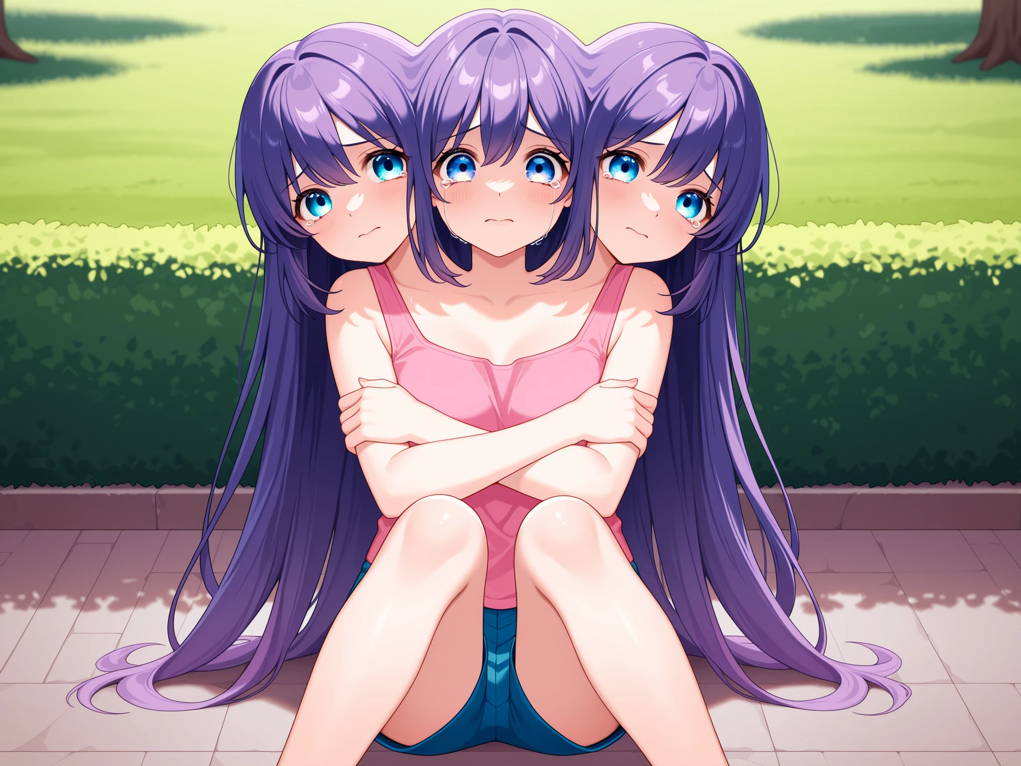 three heads, anime girl with three heads, long purple hair, aquamarine eyes, pink tank top, sitting on the ground, remorseful, hugging herself, tears in her eyes, cheeks pressed together, blue shorts, park