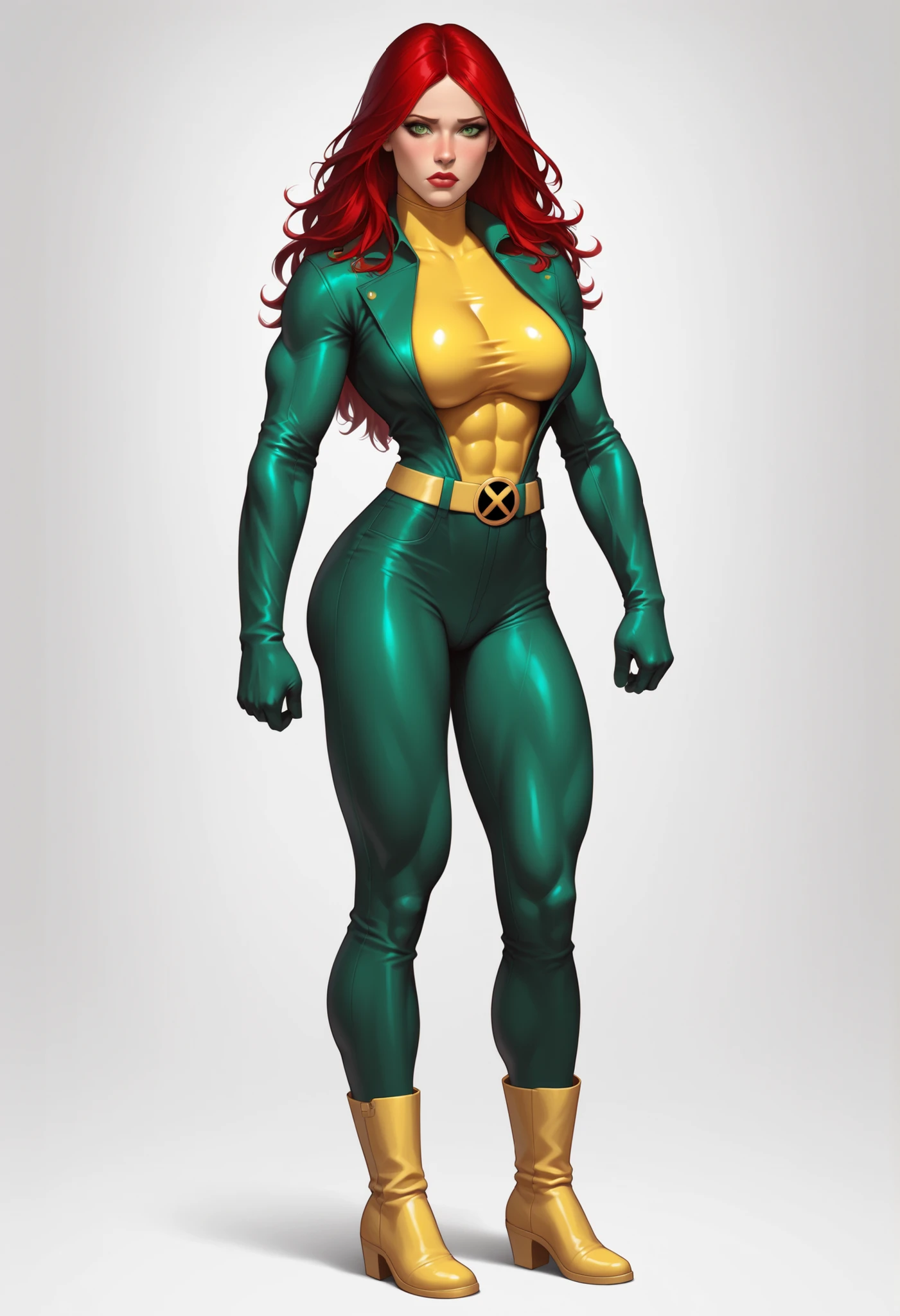 8k, Ultra HD, super details, high quality, high resolution. The heroine Rogue, looks beautiful in a full body photo, her body is sculptural, her long red hair with white streaks and wavy, is radiant in a perfect combination with her white skin, her bright green eyes mesmerize everyone. She is wearing her heroine costume which consists of, A tight bodysuit in green and yellow colors, High yellow boots, A brown leather jacket. She looks very sexy, drawing attention to her big breasts and thick legs.