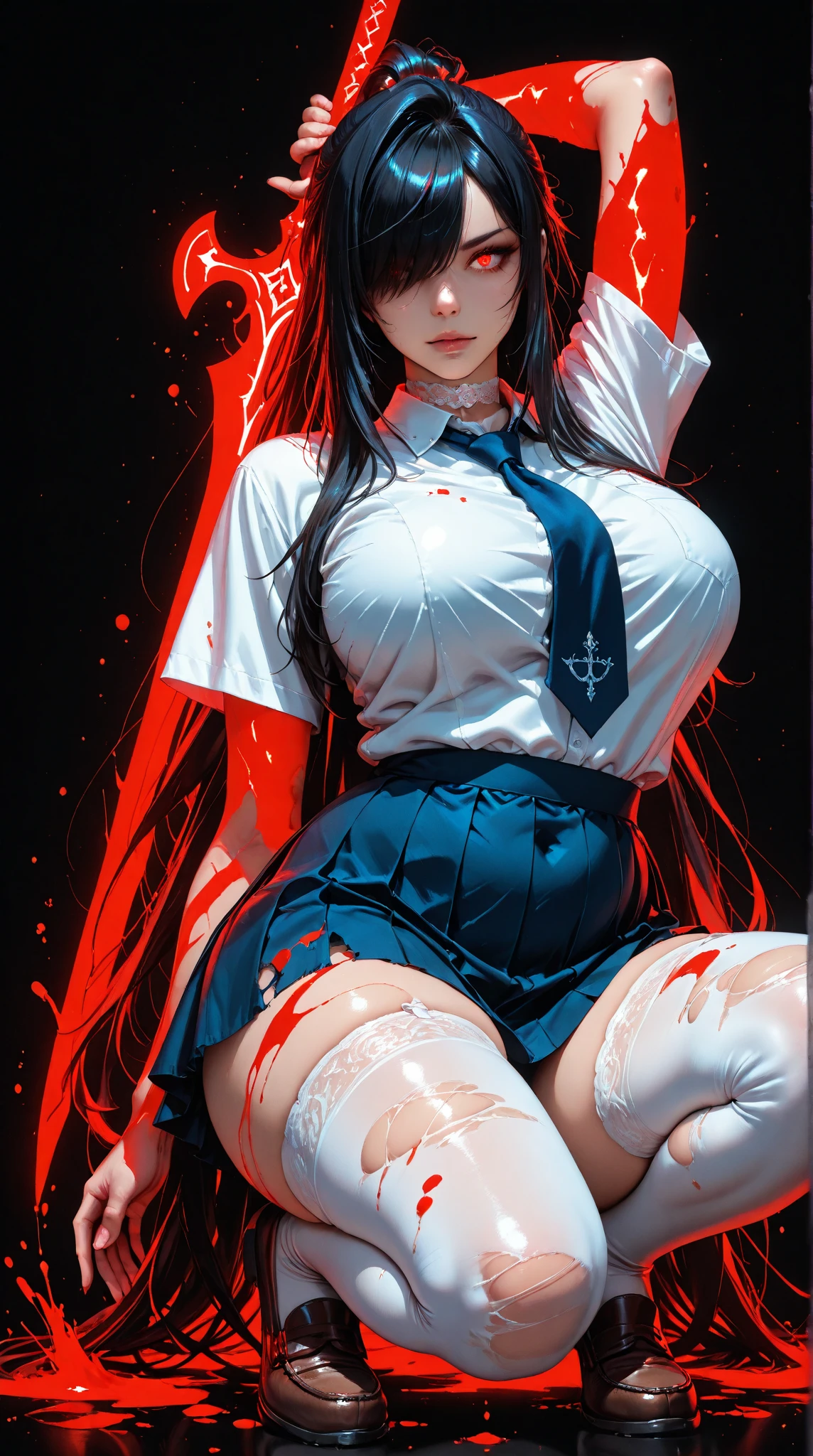 (full figure:1.1), (1 girl as yukino yukinoshita:1.5), highres, solo, (very small breasts:1.5), waist long black hair, (twintails:0.5), (pleated school miniskirt:1.5), (black Thigh High:1.5), (loose red ribbon:1.2), (cotton skirt:1.5), (unbuttoned white shirt:1.4), (ahegao:1.5), green eyes, (rolling eyes:1.5), (torn clothes:1.5), (naked breasts:1.5), spread legs, legs wide open, (in a dungeon:1.2), legspread, breastapart