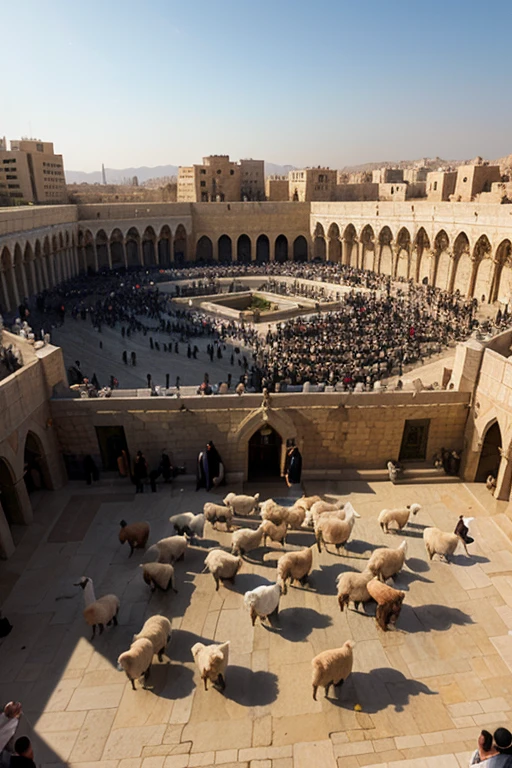 Describe the realistic atmosphere of slaughtering sacrificial animals on the Eid al-Adha holiday in the mosque yard, with officers using complete slaughtering equipment, sacrificial animals that have been prepared, and families watching solemnly and gratefully.