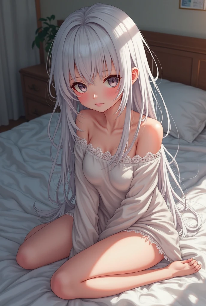 1Girl, Solo, Anime, Ideal body, (Cleavage, Small Breast:1.2). Beautiful, Gorgeous, Fresh, Young,  Blunt Bangs.(White Grey Hair:1.5), (Straight and Wavy Long Hair:1.3), Virgin Sweater, (Sitting on bed:1.3). Earrings, Thin Black Headband, Green Accessories, Environmental Details, Bed Room, Natural Light, Modern Bed, Chair, Window, White Curtain, City View. Top view. pov, anime style, UHD, retina, masterpiece, accurate, anatomically correct, textured skin. High Resolution, Looking at viewer, Blush, Best Quality, Award Winning, Accurate, Embarrassed, seductive smile, sweating, Naughty Face, Naughty smile, Gradient Eye Color.
