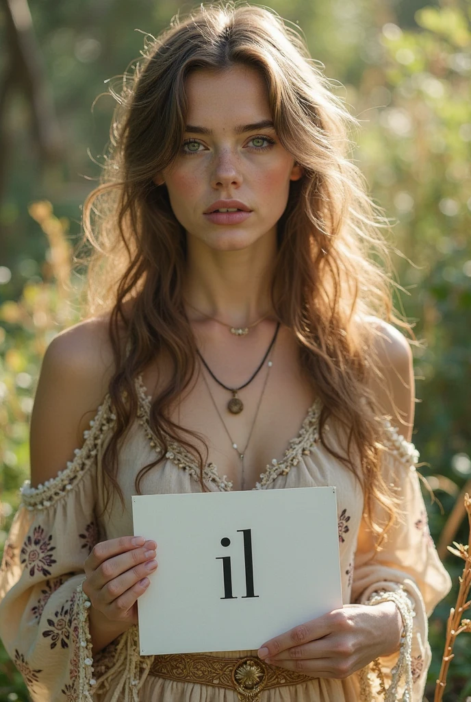 Generate a very beautiful woman with blue eyes, by white, greenish blue eyes, with a sign that says Libranza