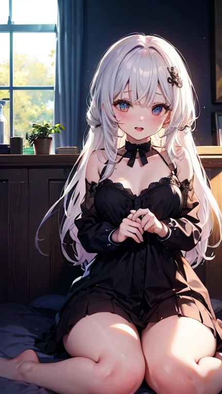 A girl with white long hair in black lingerie lies on the sofa