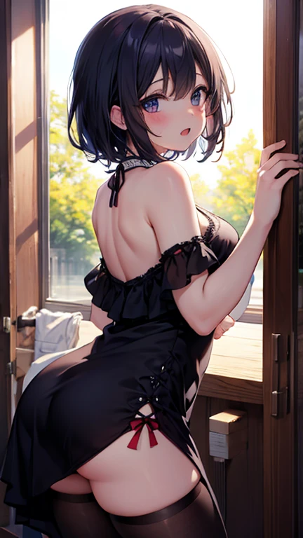 NSFW　One Girl　cute　Accentuate your buttocks　Back 　It's a bit too big for nothingness.　The legs are very thin　Wolf ears　Brown short hair　apron　Thong　Prone　Place both hands on the wall　(((The background is inside.　In the ruins)))　Embarrassed face
