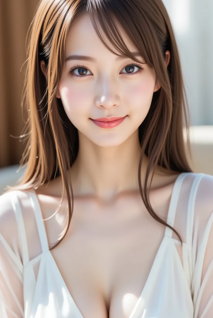 masterpiece, best quality, highres,beauty japanese girl, very wild shot, small breasts, smile, hands behind head, detailed background, realistic, perfect detailed face, naughty face, detailed eyes, highly detailed,