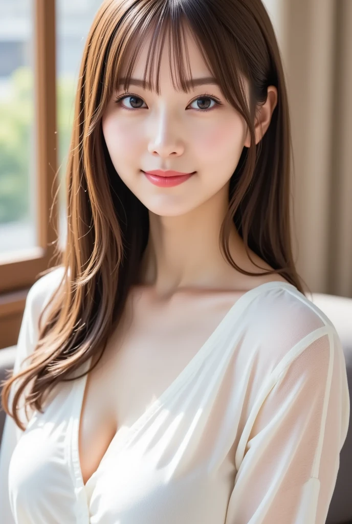 Ultra-high resolution, Superior Quality, Highest quality, Very detailed, Realistic, 8K, RAW Photos, Highest quality, masterpiece, Attractive girl, Awesome girl, Brown Hair, ponytail, Asymmetrical bangs, Ｊ-POP Idol, Sophisticated, stylish, White blouse,Luxury hotel lounge, see-through、Black underwear is visible、smile:1.1、Bust up shot、Small breasts