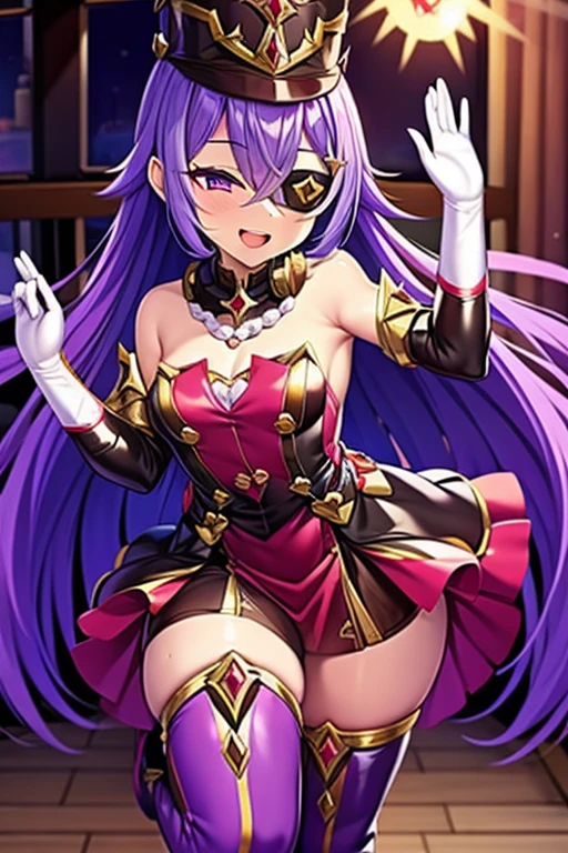 anatomically correct, best quality, masterpiece, high quality, high details, highres, HD, (shaded face:1.2), hollow eyes, purple eyes, looking at viewer, heavy breathing, smirk, upper teeth, purple hair, long hair, huge breast, 1girl, hat, window, solo, breasts, bow, looking_at_viewer, hair_bow, indoors, beret, bangs, long_sleeves, upper_body, large_breasts, dangerousbeast, elbow gloves, gloves, sweating, wet,

