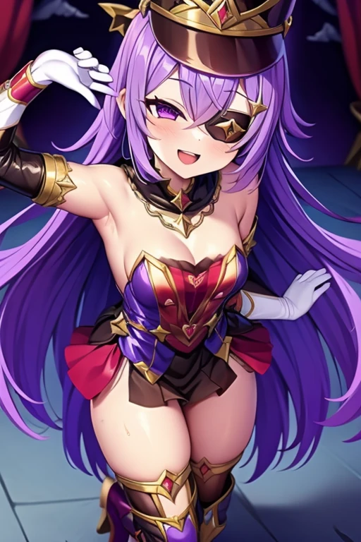 hiquality、16 K、((1girl in))、((Huge breasts)), ((Forehead)), Parted bangs hair, srestrained, blush,Long hair, Green eyes、Purple hair,Sweat,(White Long Gloves)、highleg leotard,(((White and light blue leotard)))、Dynamic Pose、((A smile))、embarrassed from、Wavy mouth、(cleavage_cutout)、Light blue knee socks、white  boots、Standing、(1girl in)