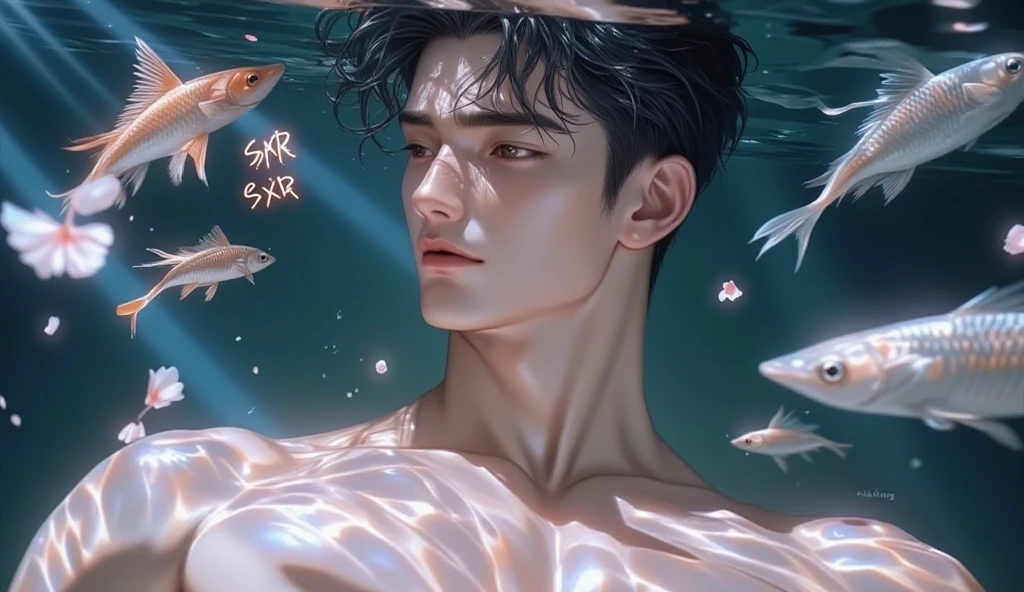 Newt White man with very short straight black hair, sexy look, beautiful body, white snakes and seaweed in the sea, pink background, gold and pink details