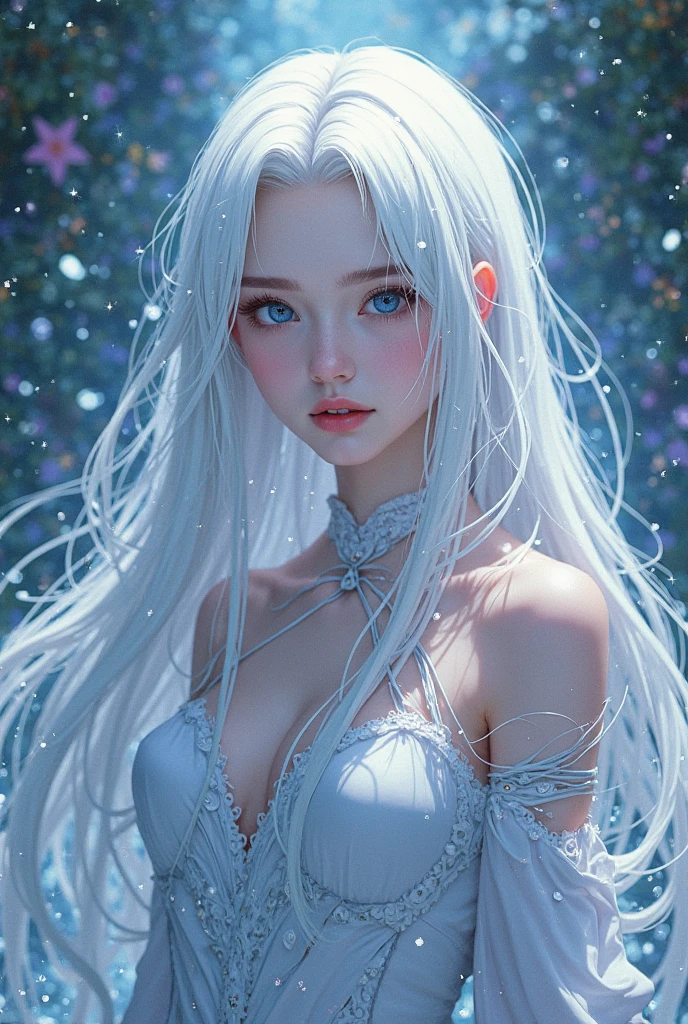 a woman with long white hair and a blue dress, long glowing ethereal hair, fantasy gorgeous lighting, glowing flowing hair, beautiful digital artwork, long glowing hair, digital fantasy art ), beautiful fantasy art, flowing glowing hair, flowing white hair, fantasy art style, ross tran 8 k, glowing hair, detailed white long hair, with white long hair, gorgeous digital art