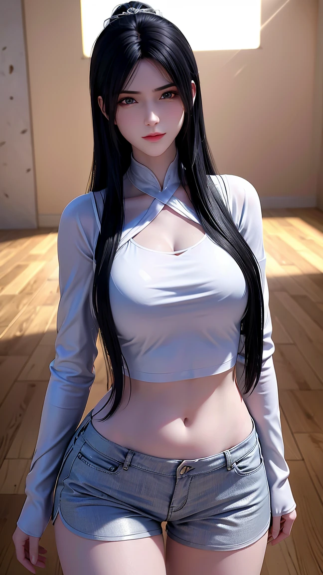 a woman in a black top and shorts, realistic girl, white lens, byakugan, cute girl, hinata naruto, hinata, hinata hyuga, seductive girl, beautiful alluring woman, hinata hyuga, anya from spy x family, inspired by Rei Kamoi, breast, sexy girl, anime hentai, tansparent, toples, transparent shorts, no bra, no pants, no CD, no underwear, cute woman, seksi pose, sensasional girl, opening her legs, opening mouth, opening lips