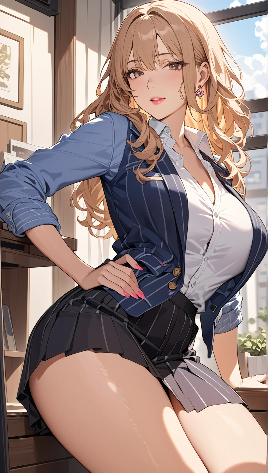 (best quality,4k,8k,highres,masterpiece:1.2),ultra-detailed,(realistic,photorealistic,photo-realistic:1.37),portraits,white panties,blazer jacket,long hair,adorable,full focus charm,studio lighting,vivid colors,soft and warm lighting,delicate details,candid moment,comfortable seating,sassy pose,front view ((blood stand panties,))