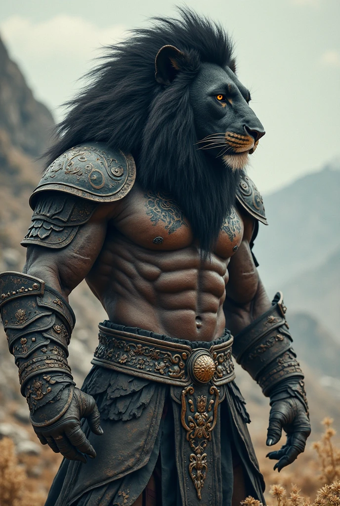 Strong man with jaguar head and claws, with sword and wooden shield