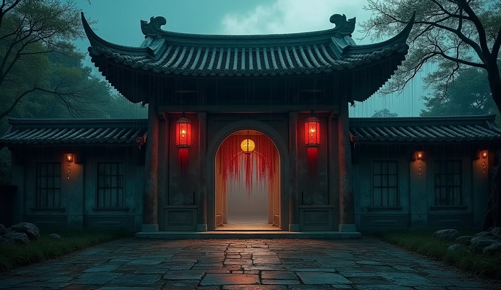 (((best quality, masterpiece, ultra-detailed))),(((high quality photography, Canon EOS R3, photorealistic))),horror art,dark dark,Chinese Horror,horror theme,dark color tones,red moon,eerie ambiance,Chinese architecture,traditional building,hanging lanterns,dripping blood,gloomy sky,cloudy,traditional Chinese characters,wooden doors,no humans,night scene,digital art,high contrast,haunting atmosphere,supernatural,ancient trees,foreboding,stylized illustration,<lora:增加細節3:1>,