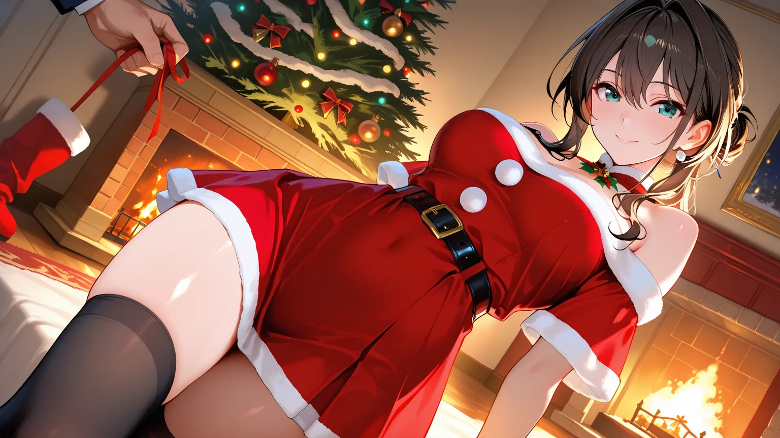 ultra-detailliert, (1girll), 25 years, Clothes that bulge out with big breasts, blush, Focus on the bust, (In the changing room at the Christmas event:1.8), straight-on, high-level image quality, 8k, Best Quality, Puzzled face, On the way to changing clothes:1.5, Short brown hair, women's santa clothes, lean forward and look at you,