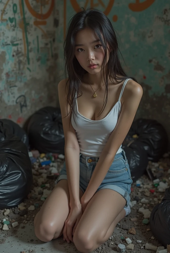 masterpiece，Photorealistic，Abandoned men's toilets，Dirty 6:1，Dilapidated，Garbage all over the ground，Stinks to heaven，Disgusting，disgusting，Destroyed，random accumulation of debris，The ground is a mess，pee stain, Sweat, sewage, splash，肮脏的地面已经Dilapidated，Very beautiful 25 year old tall slim Korean girl，The sad face of the homeless, sad expression of despair,Sexually harassed by 3 men，White sexy bikini ripped and exposed ，Very nice thin legs，barefoot，Random whole body exposure，extreme exhibitionist，(((Random exposure of whole body)))