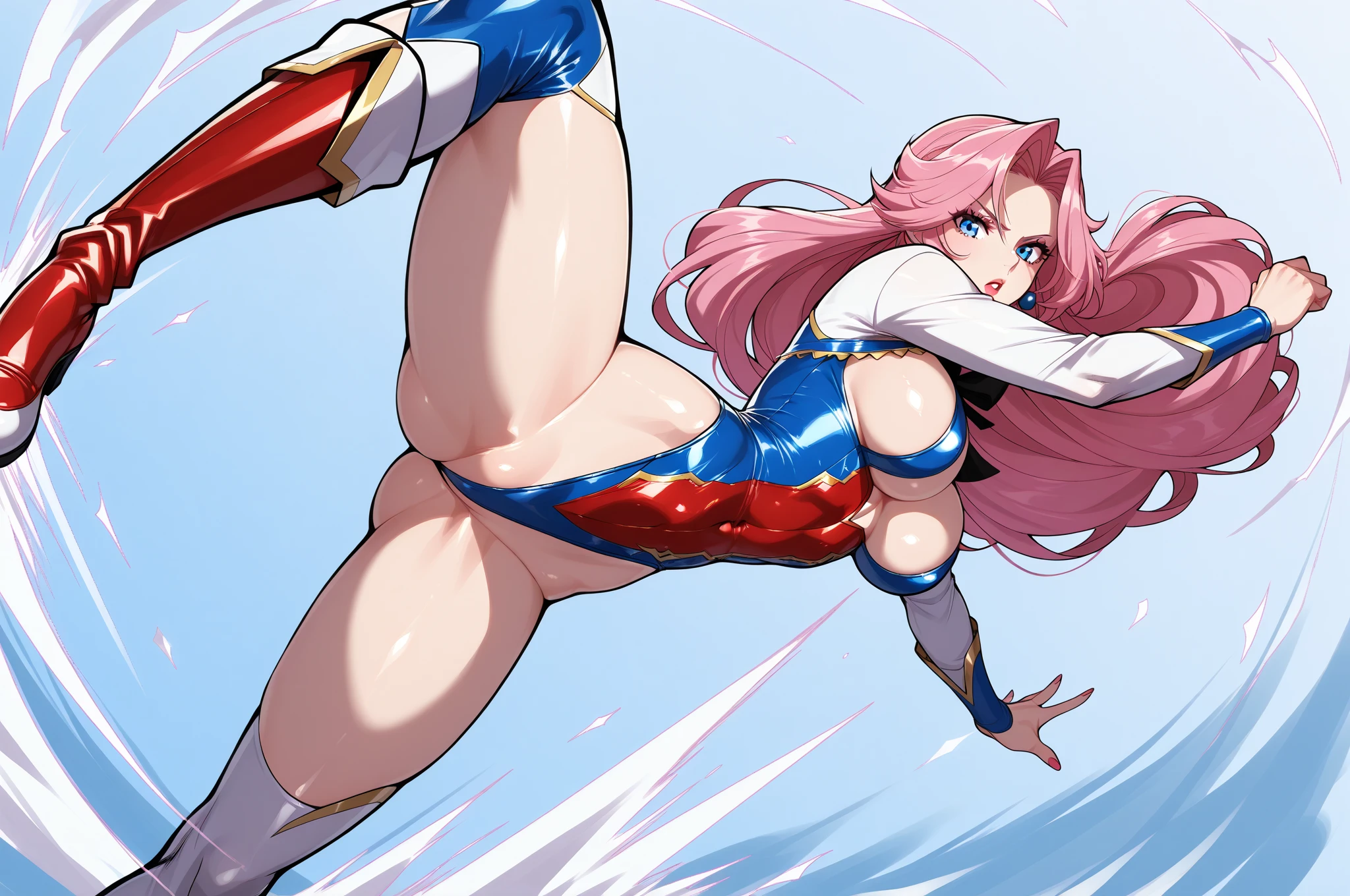 (whole body), (masterpiece:1.2), (Highest_quality:1.2), (Ultra_detailed:1.3), 8K,Low - Angle,From below,1 Girl,alone,Big ass girl, Red long boots,wearing spcc costume with cape,( Supergirl), Blue leotard,Red Cape,gloves,hoshino-ponytail,hoshino \(blue archive\), heterochromia,medium hair,ponytail,pink hair,ahoge,Halation,Simple Background,White Background,