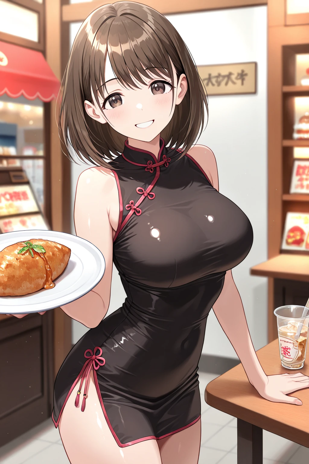 (((Her breasts are placed on a large tray carrying meat.)))、(((A red cheongsam with no fabric only on the chest area)))、High-definition images, atmospheric perspective, 8K, Super detailed, Accurate, highest quality, single shot, 1 Japanese girl、The whole body is shown、(((Completely naked))),(white skin),(highest quality), very delicate and beautiful, very detailed, 8k wallpaper, wonderful, finely, very detailed CG uniformity, High resolution, soft light, beautiful detailed 19 year old, very detailed目と顔, beautifully detailed nose, finely beautiful eyes,short hair,cinematic lighting,perfect anatomy,very big breasts、heavy chest,(J cup),slender body、Bright Chinese restaurant、Chinese cuisine、Meat dishes、smile、(hair is dirty, asymmetrical bangs, light brown hair),(((My whole body is wet with sweat)))、(((expose both nipples)))、(((expose big breasts)))、(((Her breasts are placed on a large tray carrying meat.)))、(((Her breasts are placed on a large tray carrying meat.)))、(((Her breasts are placed on a large tray carrying meat.)))、