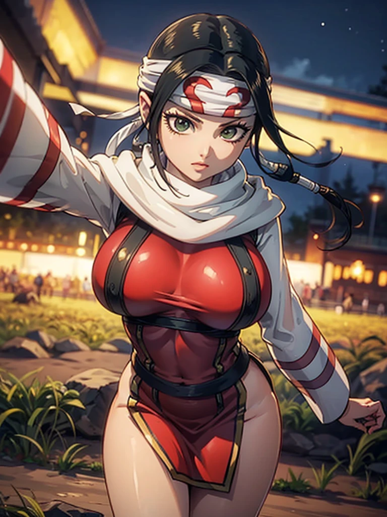 (Asian SuperWoman, Malaysian, huge breasts, athletic, slim waist, big hips, big eyes, Hijab with uniform symbol, tattered uniform) in a desperate fight with (Cannibal Corpse| Ninja)