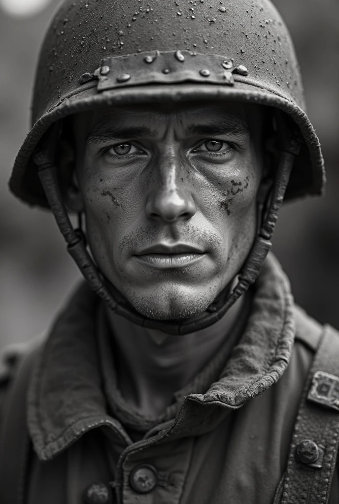 black and white photo of male soldier at war whose eyes look hopeless bloody face A few tears came out.