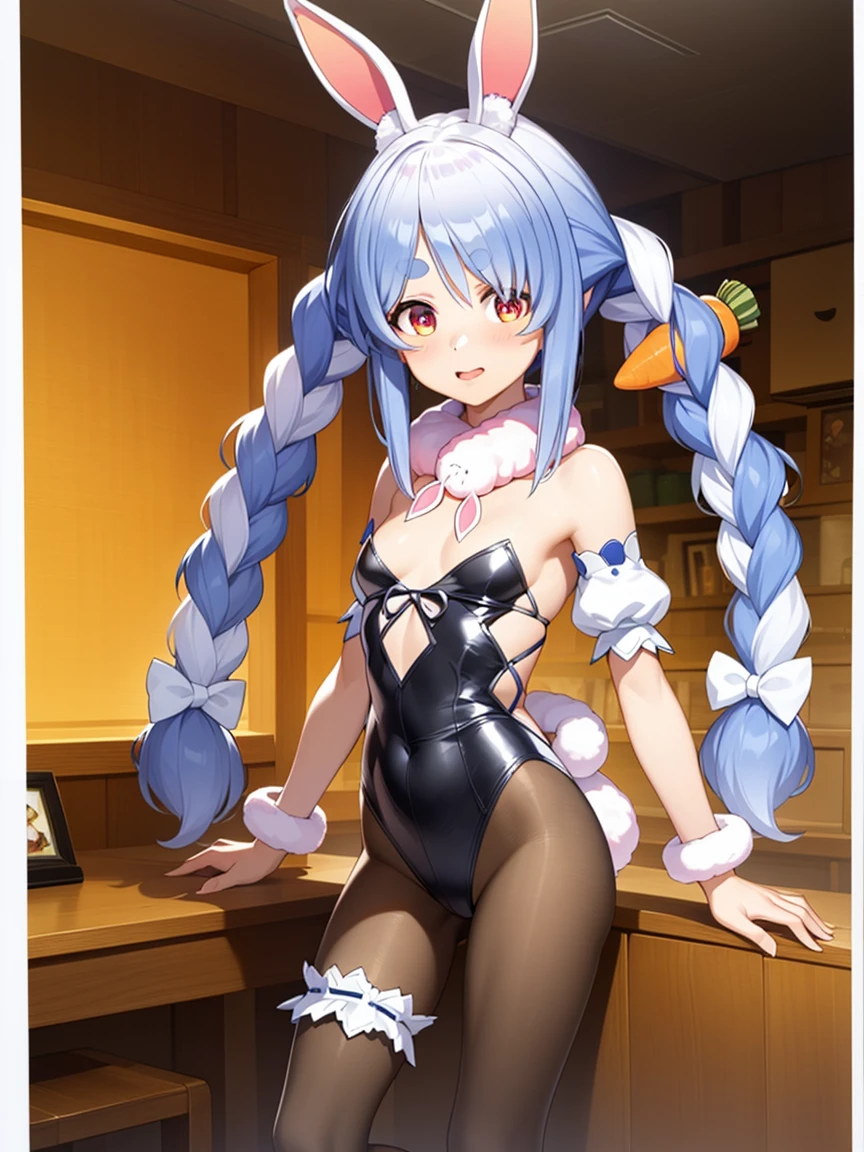 (blushing face:1.4), (heart-shaped pupil:1.4), (smiling:1.3), ((full body)), (erotic pose:1.5), (bunnysuit:1.3), standing