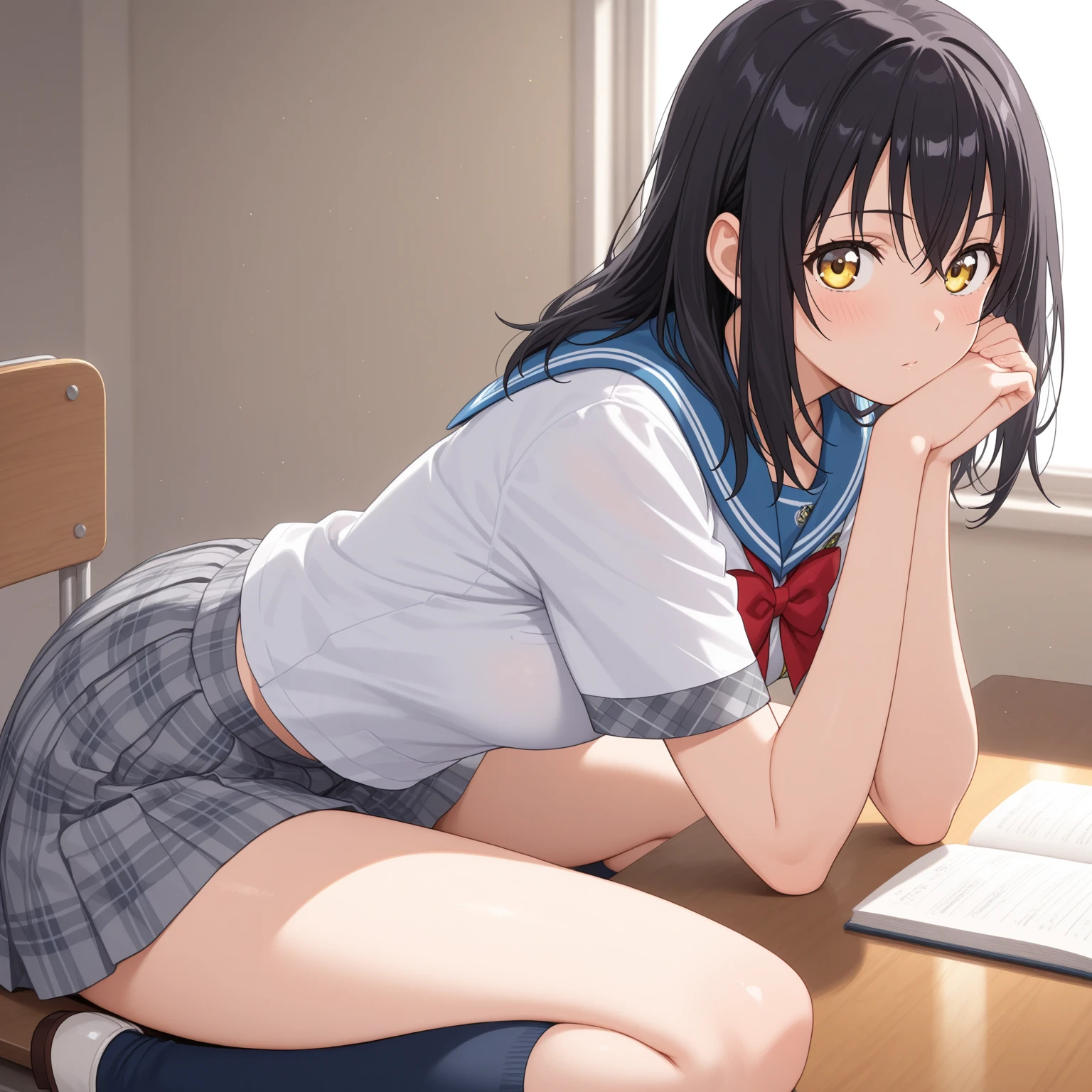 8k, A masterpiece of softcore pornography shot by Kishin Shinoyama, Bast quality,big, RAW Photos, (Ultra-thin contour lines), (1 girl), anime girl, Highlight Eye, Shiny hair, Professional Lighting, (Glowing Skin: 1.2), shiny big, ((Highest quality)), Sharp focus: 1.2, Highly detailed face and skin texture, fine grain, Perfect Face, Perfect body, Blur Art, CG, background, milk, in front (16 years old, Cool and beautiful girl face), wear ((School uniform)), thigh), blush, (Porn Cosplayer), (Camel Toe, White panties), Gravure idol style panty flashing, She pulled up her skirt to avoid the heat...、I sat on the desk with my knees raised....。., My favorite girl, Browsing Caution, Focus on the crotch