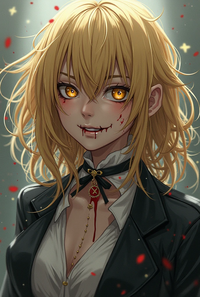 best quality, super_delicate, beautiful, 8k,red jacket, earrings, choker, concept, night, blood on face1:3, red eyes, harness, red lips white shirt, yellow eyes, cleavage half green half yellow hair