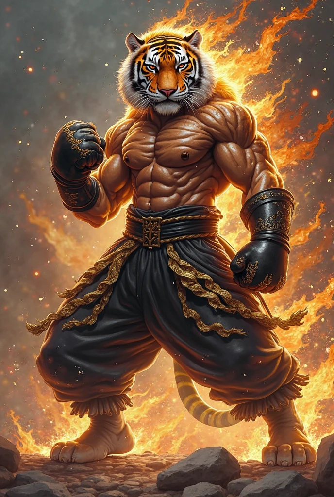 A south china tiger. Shirtless while wearing white pants with a red waist cloak draped around his waist and secured by a yellow belt with a blue gem-center. Doing a kick boxing pose.