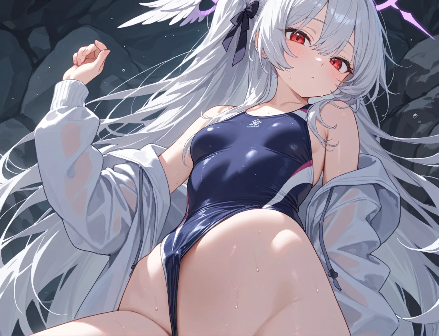 1 girl,masterpiece、Beautiful Lights、Detailed beautiful face、Detailed beautiful eyes、high resolution、Super detailed illustrations、Extremely refined、Top quality、Show your whole body、(Silver hair、shortcut:1.5、Purple Eyes)、(Drooping eyes、Beautiful eyes、Kamiaki),Curvy beauty, (Kneel down:1.5)、a smile、(Shiny hair, Shining eyes, Smooth skin), (Shiny skin) 、(Get on all fours、Bend forward、Arms placed、Gloves、elbowGloves、Emphasize chest、Open your legs、(Competition swimsuit、sleeveless 、turtleneck sweater)、Thighs Thighs Thighs Thighs、Observe your audience、under 、Blushed、Plump and strong thighs、(White tights:1.3)、Rosy cheeks、(abdomen)Super big breasts，Open mouth drooling，Blushed