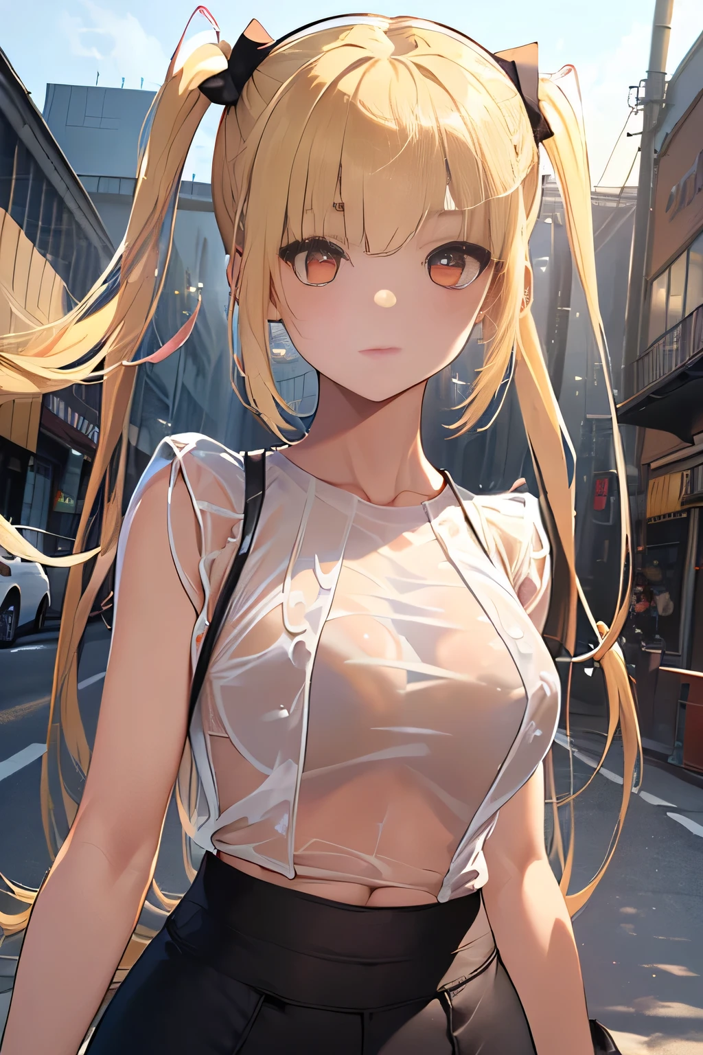 Optimal，masterpiece，High resolution，Highest quality，Hyper HD，Very detailed，Award-winning，16K，alone，（Upper Body），Correct Anatomy，Beautiful Cyberpunk Girl，Cowboy Shot、Cute Face，，blonde、Long Hair、Twin tails、Braiding, Hairline，（（Scarlet Eyes）），Long eyelashes，Drooping eye corners，White skin，Shoot from the side, ((See-through camisole:1.5)), ((Transparent nipples))、rocket , （Because I&#39;thin）