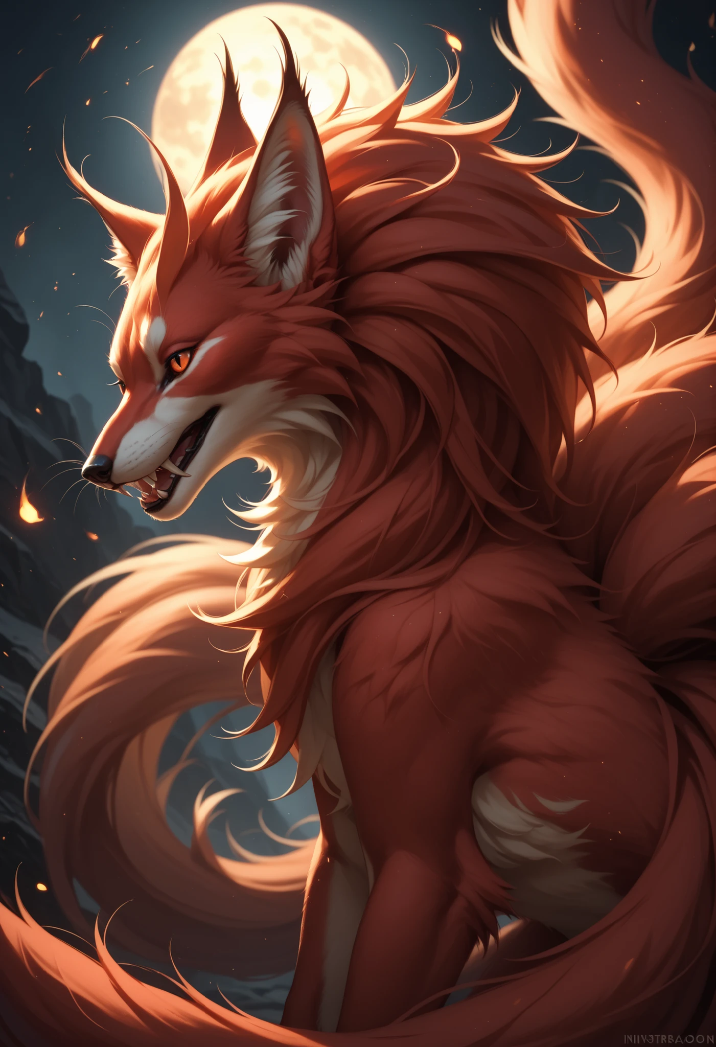 score_9,score_8_up,score_7_up, feral, female,  kitsune, side view, ninetails, black and red fur, mysterious, mystical, cool, dangerous, fangs, detailed background