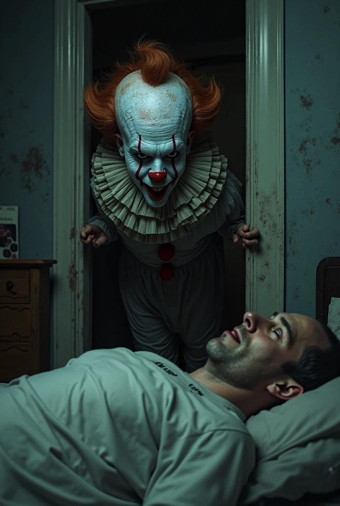 A depressed, sad, run-down, scary clown wearing a white bathrobe is sitting on a bed in a hospital room. He is leaning forward with his hands covering his face.
The image looks photorealistic with great attention to detail. At the top of the image are 3 thought bubbles coming from the clown: one has a heart emoji, a thumbs up emoji, or a laughing emoji