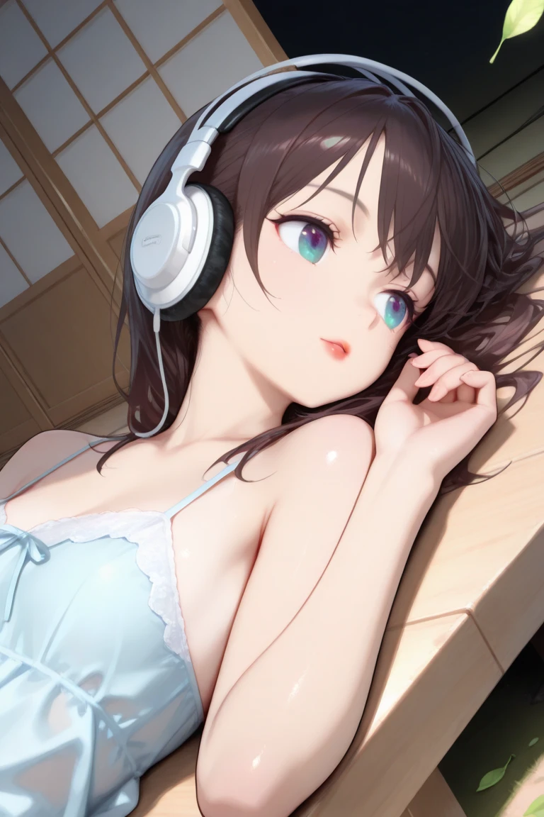 ((Top Quality)), ((Masterpiece)), (Detail), perfect face, sitting on the beach, listening to music, woman, wearing headphones, wearing swimsuit, swimsuit is transparent, sitting with legs spread, wearing tight clothing, buttocks and breasts exposed