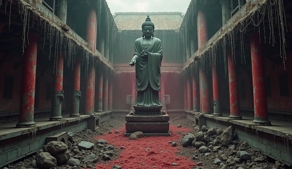 absurd, realistic lighting, (abyss) masterpiece, high quality, beautiful graphics, high detail, dressed woman, extremely refined and beautiful, amazing, fine detail, masterpiece, hyper-detail, high resolution, (best illustration), (best shadow), intricate, ancient landscape, thousand hands bodhisattva, temple, (mysterious black fog), journey to the west, ((corpse), ((ancient monster)), (ruins), (battlefield), (blood stain), glazed tiles, Buddha statue, lantern,