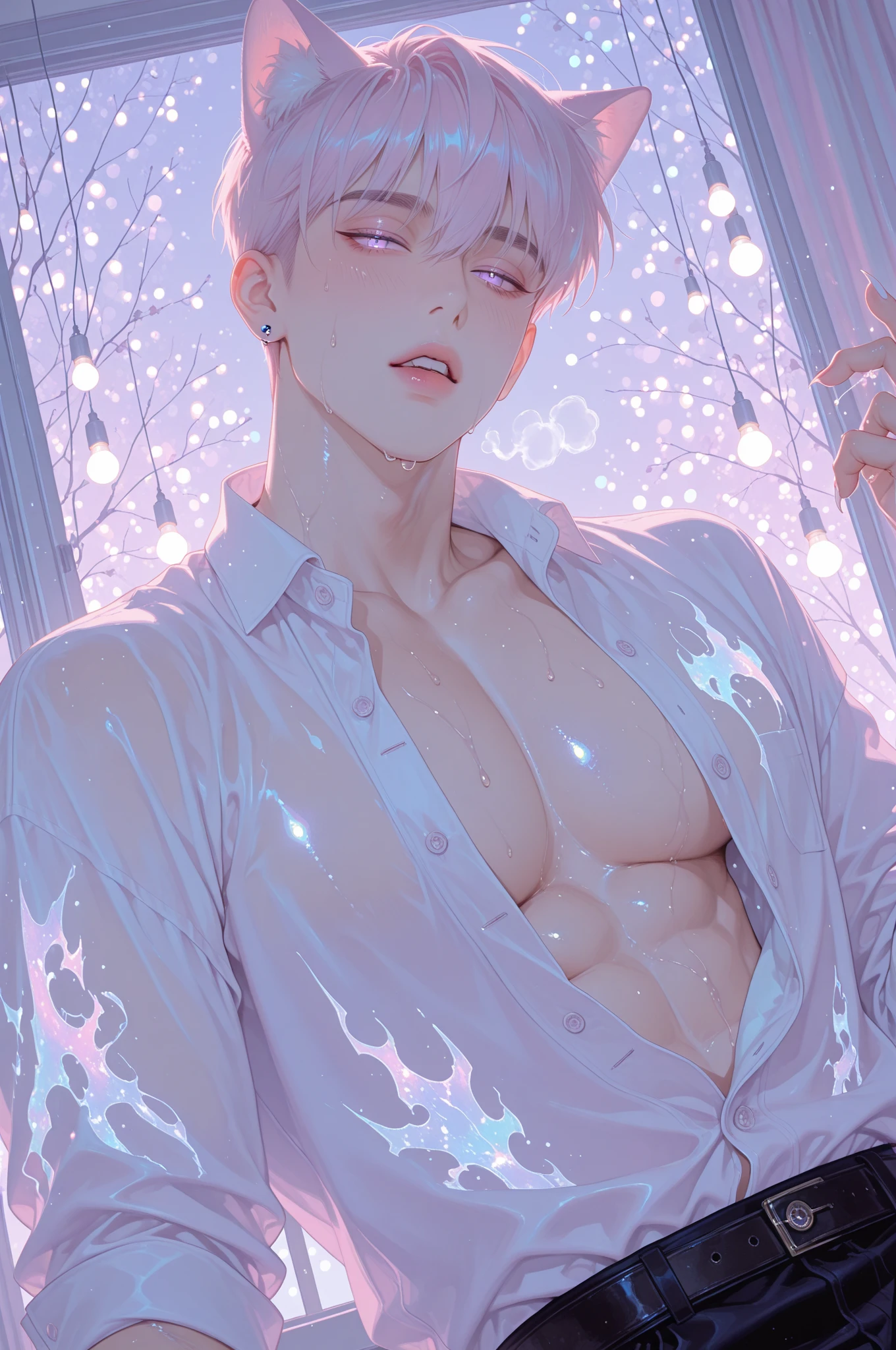 male，Work out on the big white bed，Handsome facial features，summer，Wet body，Wet body，Sweat，Exposure，full，Upturned hips，Translucent pants，full of force，Short white hair，muscular，muscular的胸部，No pants，Slender legs，Fluttering petals，masterpiece, best quality, (Extremely detailed CG unity 8k wallpaper), (best quality), (Best Illustration Award), (The best shadow), absurd, Realistic lighting, (abyss), Beautiful and delicate light, Artworks by Peter Mohr Bacher,