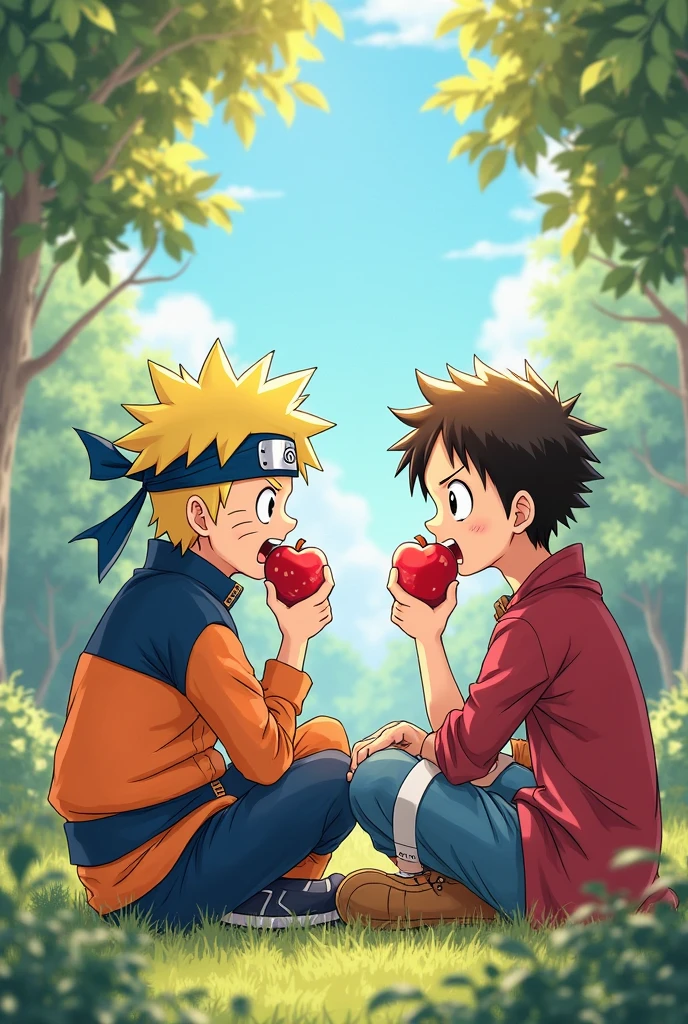 aesthetic writing "matsu" with the correct spelling on the front, very high quality photo, a funny scene, the characters (naruto, luffy, goku, ichigo) chibi are eating apples in the bonsai garden, full body, realistic, cool and complicated visual effects, looks real and perfect,UHD 64K,very sweet