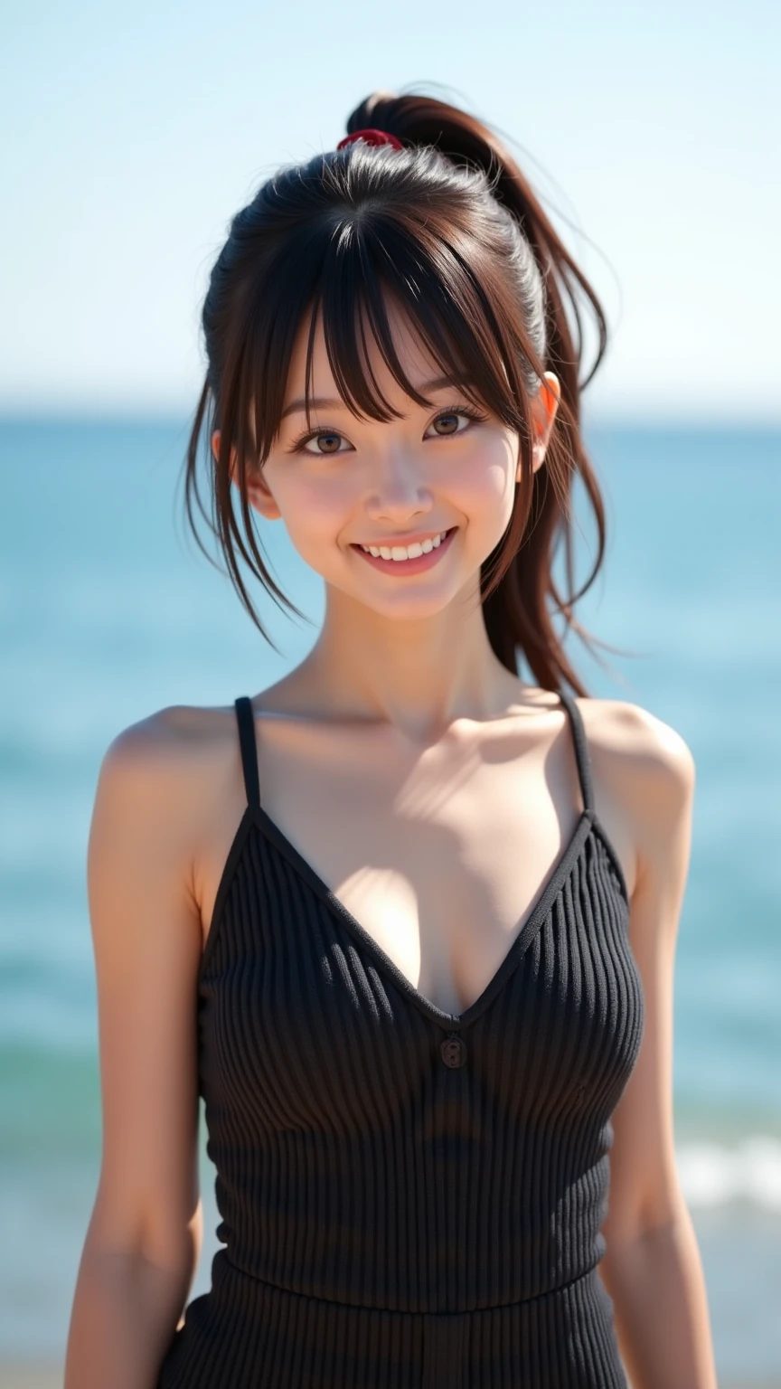 young beautiful japanese woman,, Light shiny brown messy medium length hair, Wearing a thin black bikini, Perfect dynamic composition, Beautiful Eyes, Fine hair, Detailed and realistic skin texture, A gentle smile, Model Body Type、whole body