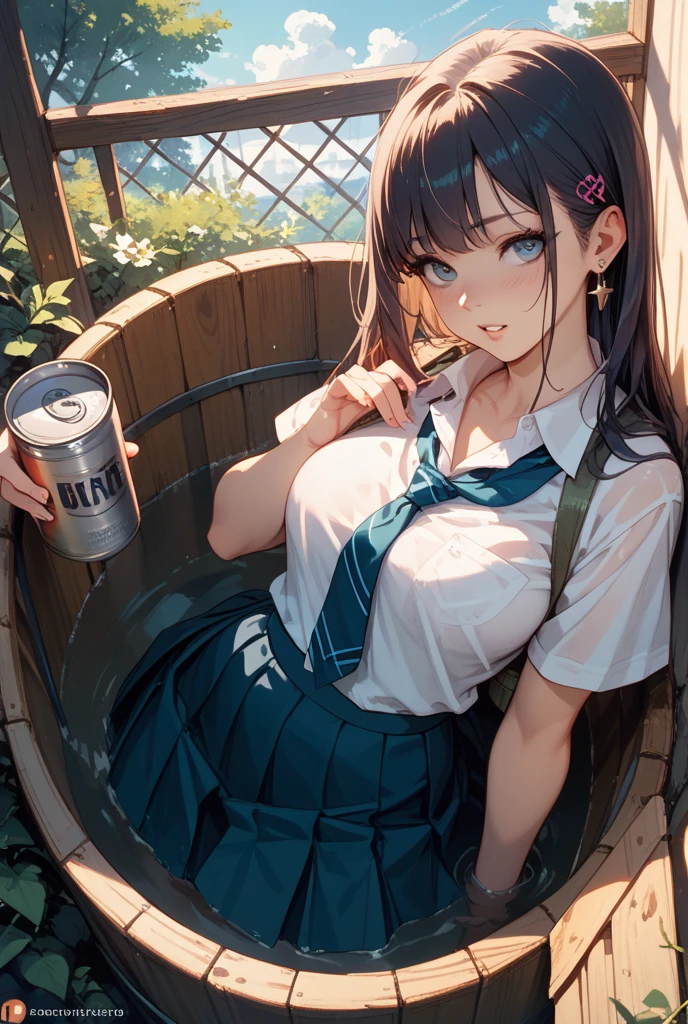 a woman sitting on a barrel with a pot in her hand, full color manga cover, nagatoro, konpeki no kantai, kancolle, iwakura lain, japanese light novel cover, light novel cover art, by Jin Homura, shojo manga, by Junsaku Koizumi, ikki tousen, seifuku, doujin --auto --s2
