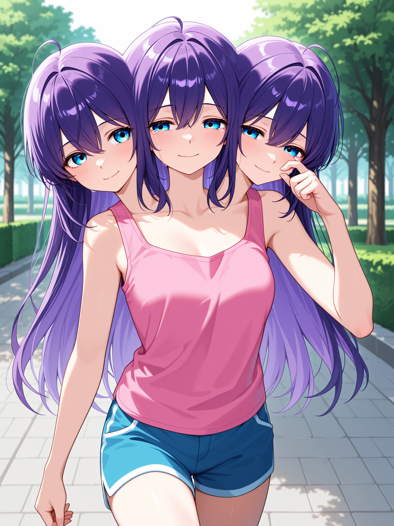 three heads, anime girl with three heads, long purple hair, aquamarine eyes, thin smile, wiping tears from her eyes, walking, pink tank top, blue shorts, park