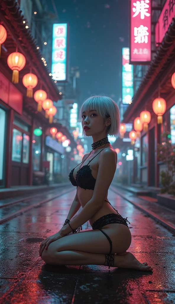 short white hair, beautiful asian anime lady, wear sexy Cyberpunk city from sci-fi movie, empty street, night, chinoiserie buildings, old shop, irregular, circuit boards, wires, intricate, super detailed, realistic, hyper realistic, high quality, best, super detailed, crazy Detail, Very Detailed, Photorealistic, Epic Composition, Best Quality, 32k --v 6
