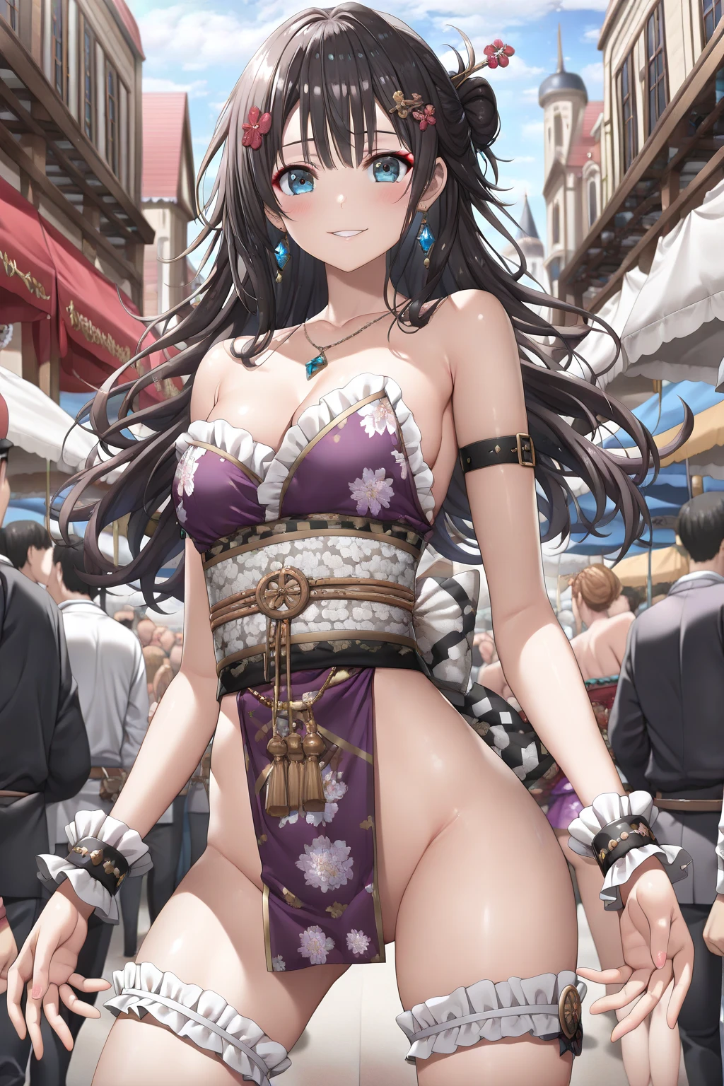 best quality, (masterpiece:1.2), illustration, absurdres,
(1girl), (solo), (beautiful detailed girl),
<lora:SaaraDancer-07:0.8>, Saara, green eyes, brown hair, long hair, braid, multiple braids, multiple braids, ponytail, (dark skin, dark-skinned female:1.1), medium breasts, nail polish, green nails,
jewelry, arabian dancer outfit, white harem pants, sandals,
gentle smile, blush, looking at viewer,
(upper body, portrait),, desert city, middle east, middle eastern terrain, middle eastern architecture, cloudless sky, sun, day, cobblestone street, market stalls, bazaar, (crowd:1.2), middle eastern market,, spread legs,