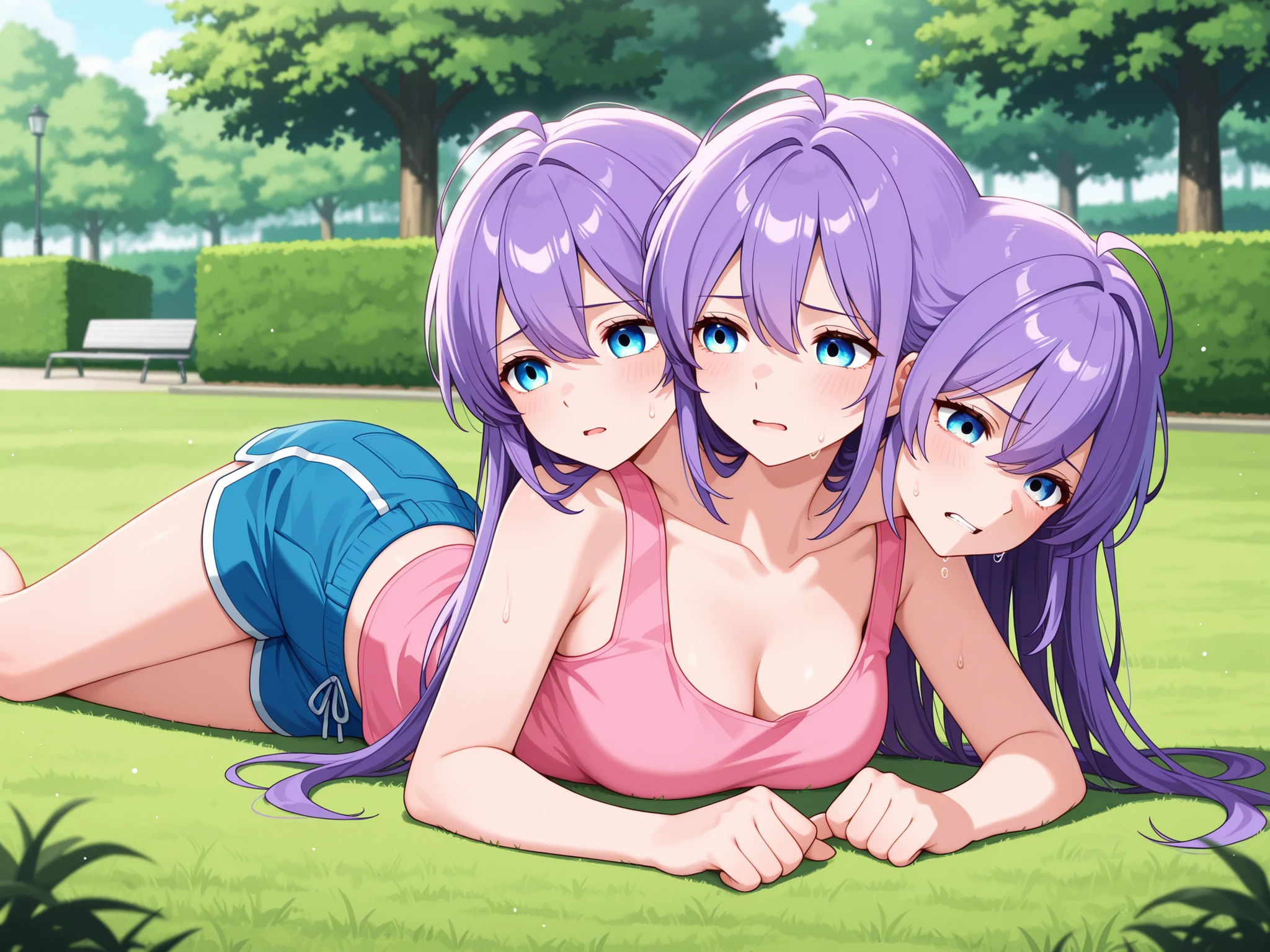 three heads, anime girl with three heads, long purple hair, aquamarine eyes, pink tank top, lying on her stomach on the ground, in pain, blue shorts, park