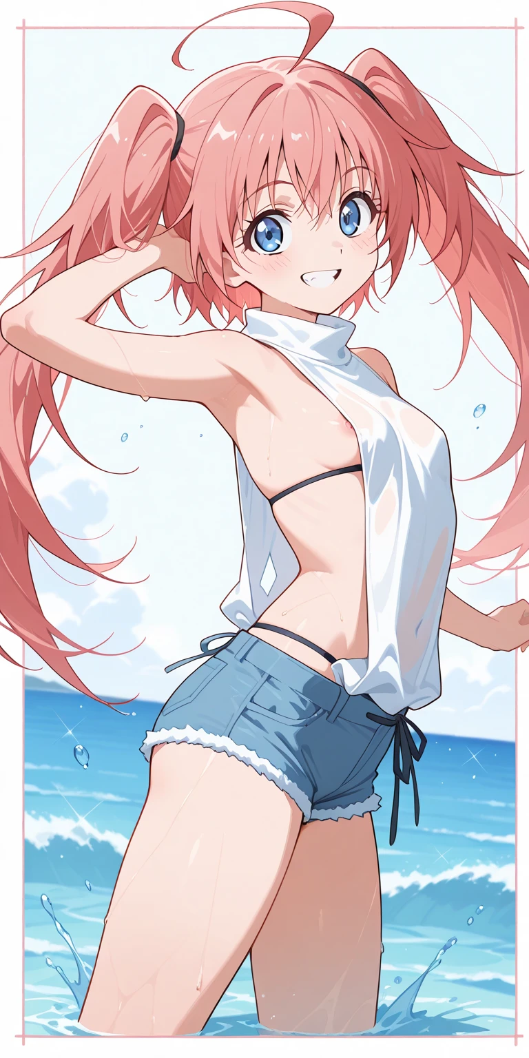 (Highest quality), (High resolution), (masterpiece), (Very detailed), One Girl, Cowboy Shot, One Girl,Long Hair,Gradient Hair, Ahoge, Hair splashed outside, Flat Chest, , Silky skin, Shiny skin, Lust,Heart pupil, Heavy breathing,(White micro bikini), Front view, (Bright saturation), Love juice is dripping from the crotch, close, The swimsuit is see-through,