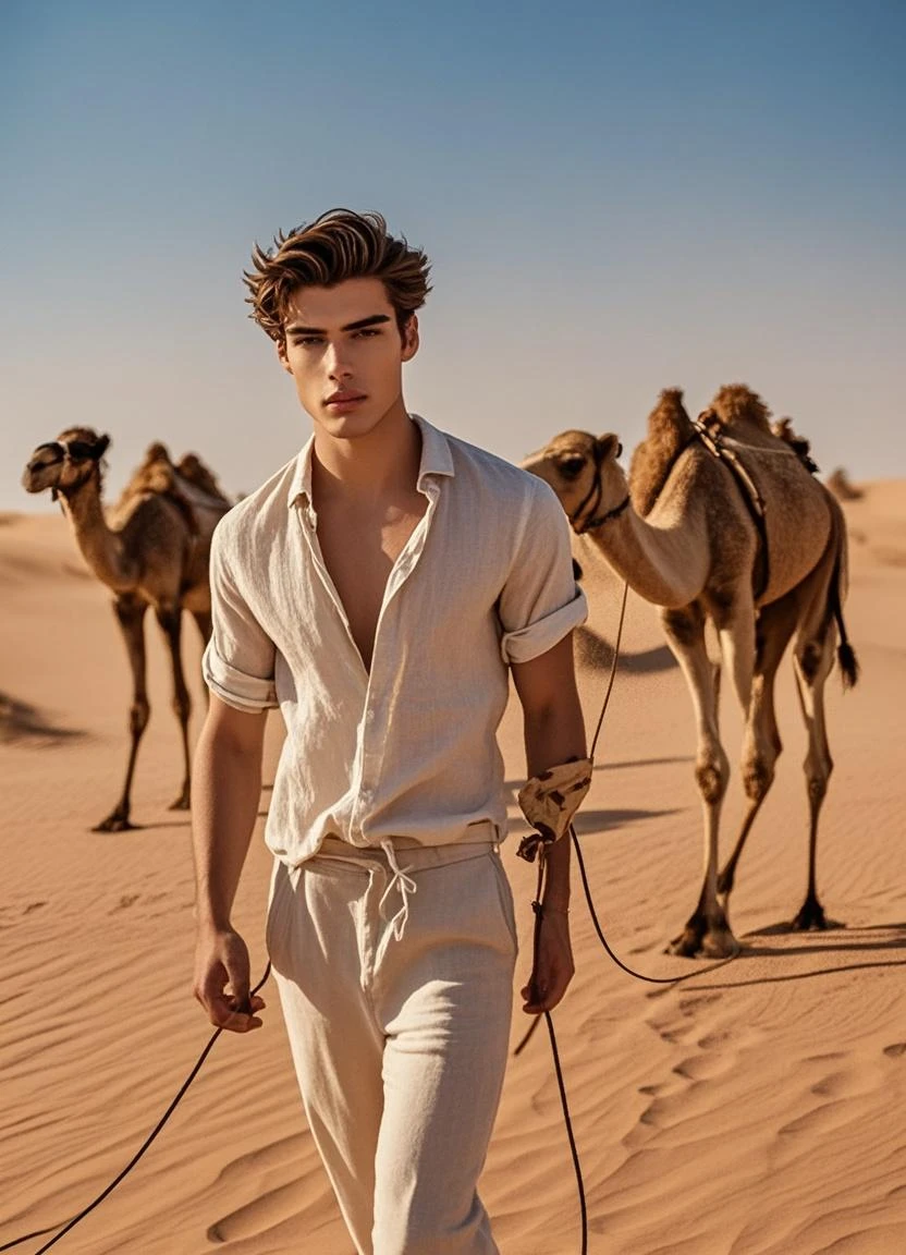Young handsome cute white skin smooth skinny beautiful face shirtless In the Arena decert dressed in golden Arab clothing with a camel